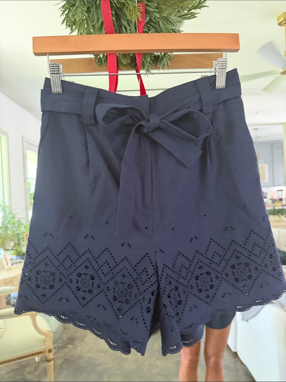 SUNCOO Navy High-Waist Eyelet Scallop Shorts with Waist Tie